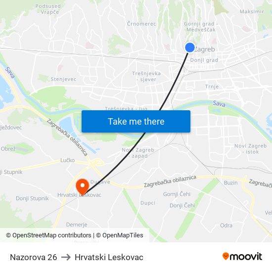 Nazorova 26 to Hrvatski Leskovac map