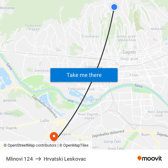 Mlinovi 124 to Hrvatski Leskovac map