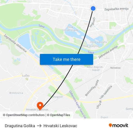 Dragutina Golika to Hrvatski Leskovac map