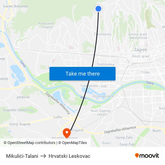 Mikulići-Talani to Hrvatski Leskovac map