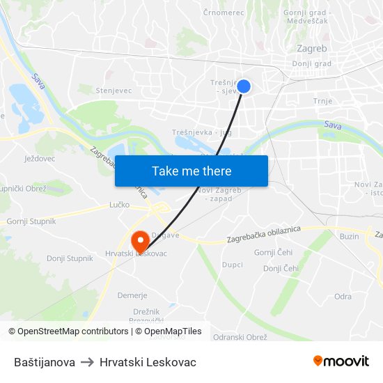 Baštijanova to Hrvatski Leskovac map