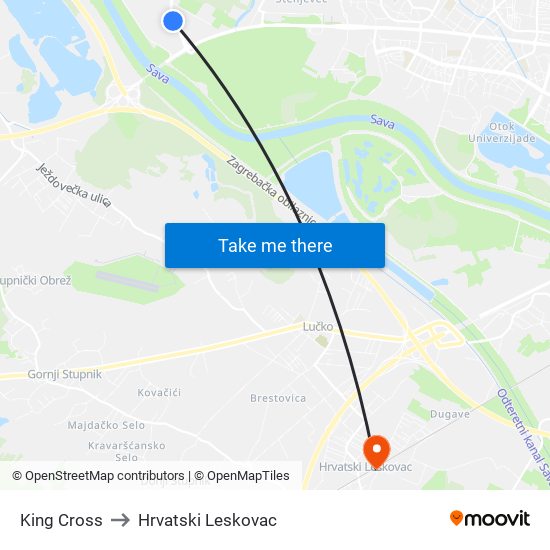 King Cross to Hrvatski Leskovac map