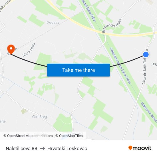 Naletilićeva 88 to Hrvatski Leskovac map