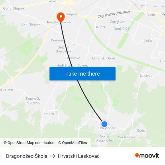 Dragonožec-Škola to Hrvatski Leskovac map