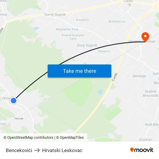 Bencekovići to Hrvatski Leskovac map