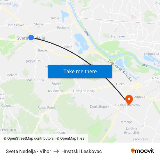 Sveta Nedelja - Vihor to Hrvatski Leskovac map