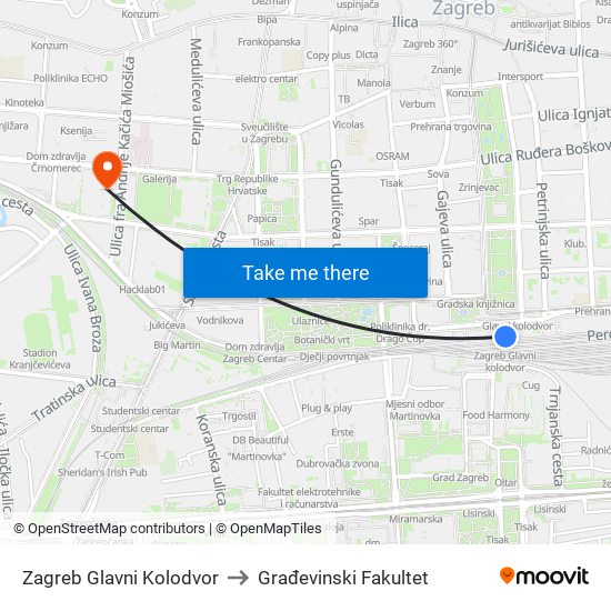 Zagreb Glavni Kolodvor to Građevinski Fakultet map