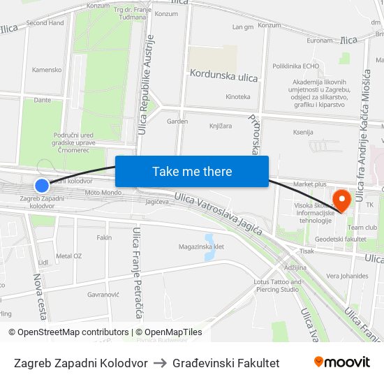 Zagreb Zapadni Kolodvor to Građevinski Fakultet map