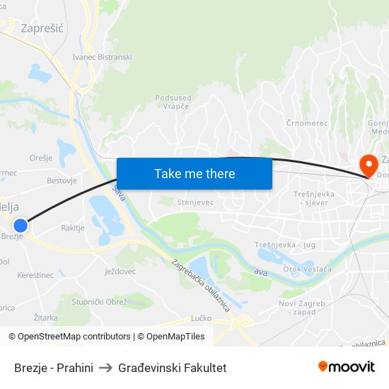 Brezje  - Prahini to Građevinski Fakultet map