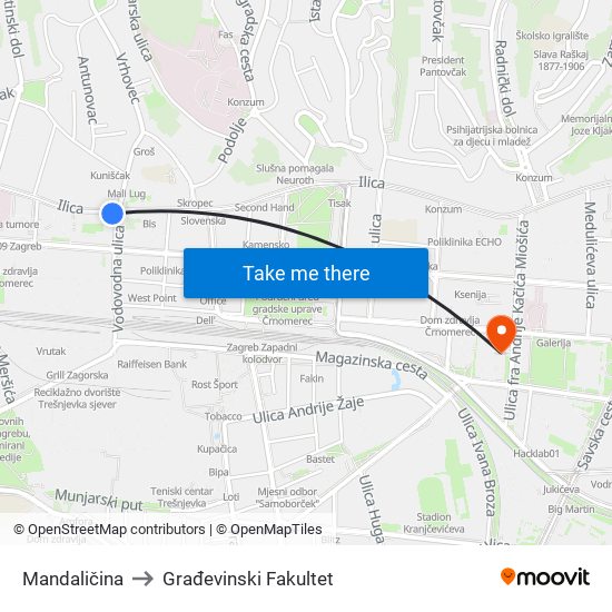 Mandaličina to Građevinski Fakultet map