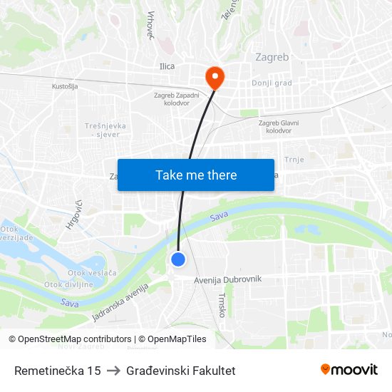 Remetinečka 15 to Građevinski Fakultet map