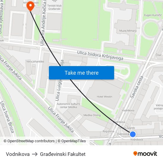 Vodnikova to Građevinski Fakultet map