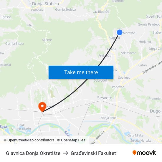 Glavnica Donja Okretište to Građevinski Fakultet map