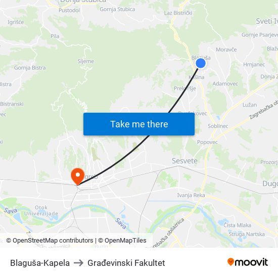 Blaguša-Kapela to Građevinski Fakultet map