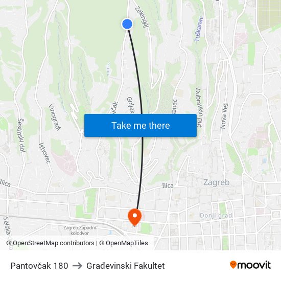 Pantovčak 180 to Građevinski Fakultet map