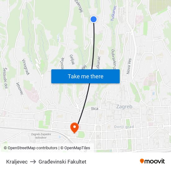 Kraljevec to Građevinski Fakultet map