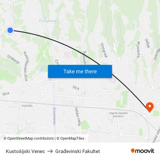 Kustošijski Venec to Građevinski Fakultet map