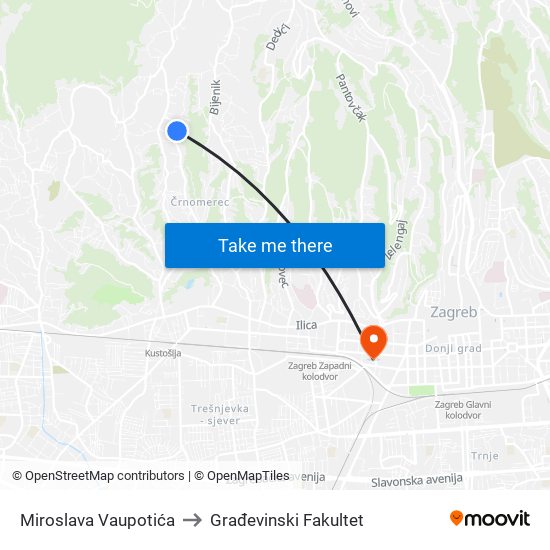 Miroslava Vaupotića to Građevinski Fakultet map