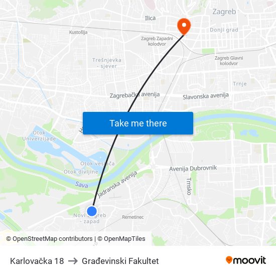 Karlovačka 18 to Građevinski Fakultet map