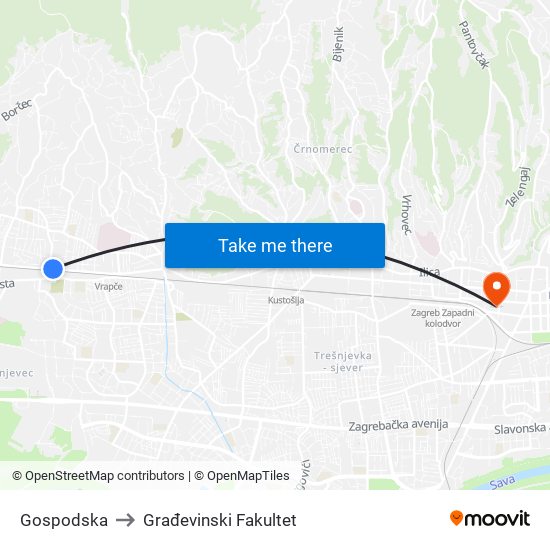 Gospodska to Građevinski Fakultet map