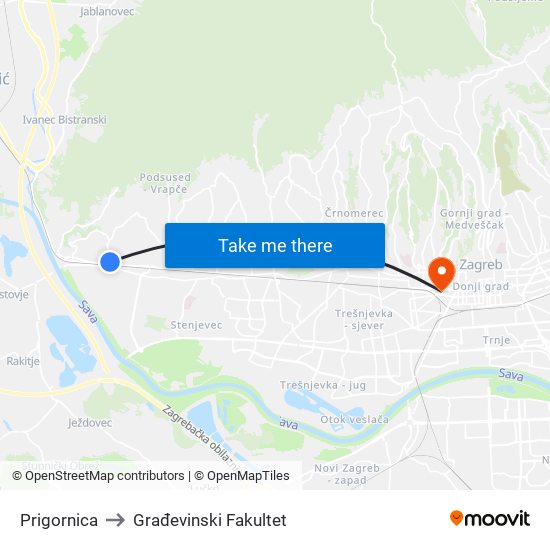Prigornica to Građevinski Fakultet map