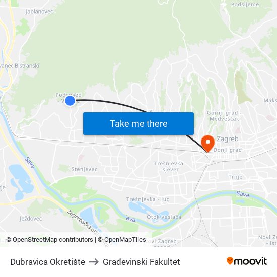 Dubravica Okretište to Građevinski Fakultet map