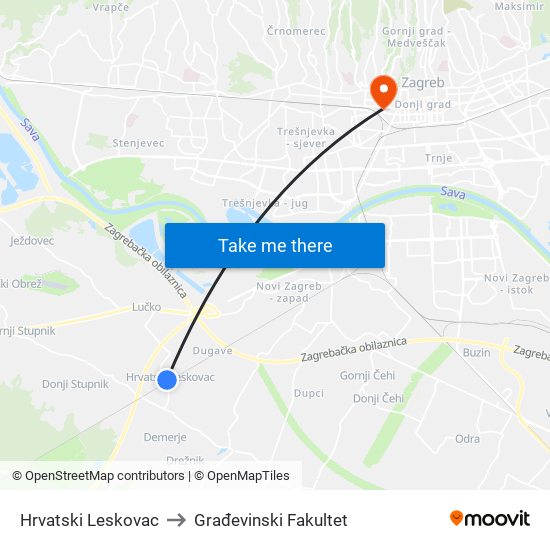 Hrvatski Leskovac to Građevinski Fakultet map