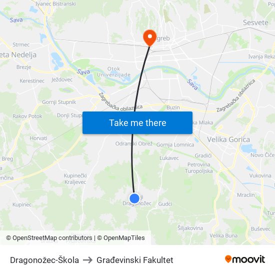 Dragonožec-Škola to Građevinski Fakultet map