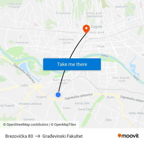 Brezovička 80 to Građevinski Fakultet map