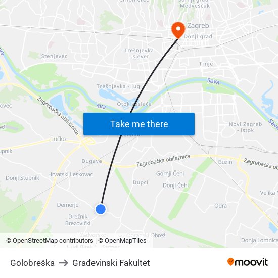 Golobreška to Građevinski Fakultet map