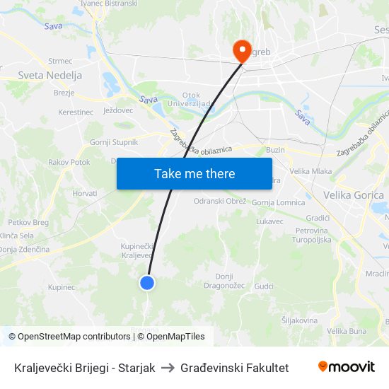 Kraljevečki Brijegi - Starjak to Građevinski Fakultet map