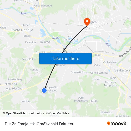 Put Za Franje to Građevinski Fakultet map