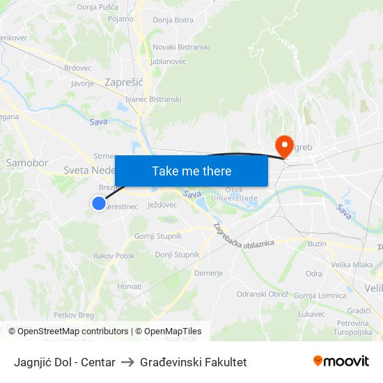 Jagnjić Dol - Centar to Građevinski Fakultet map