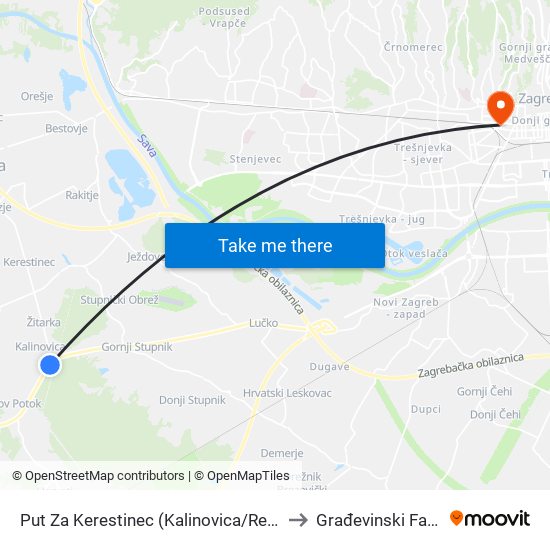 Put Za Kerestinec (Kalinovica/Rezborišće) to Građevinski Fakultet map