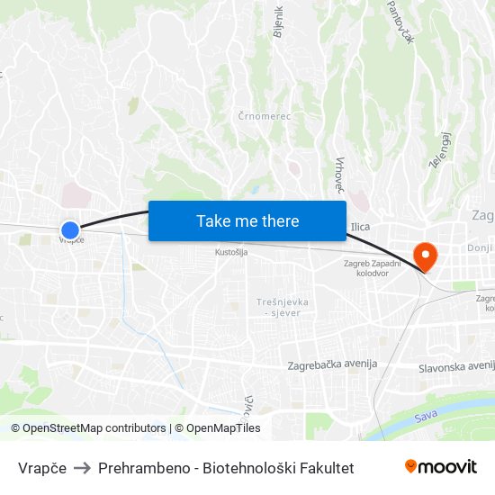 Vrapče to Prehrambeno - Biotehnološki Fakultet map