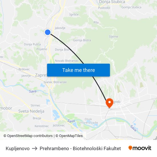 Kupljenovo to Prehrambeno - Biotehnološki Fakultet map