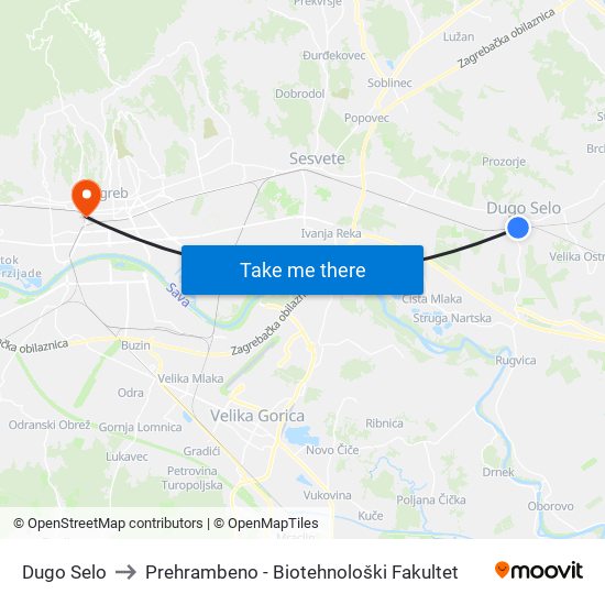 Dugo Selo to Prehrambeno - Biotehnološki Fakultet map