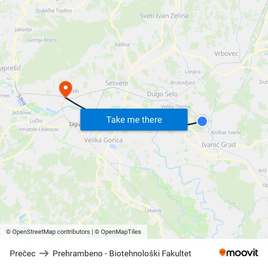 Prečec to Prehrambeno - Biotehnološki Fakultet map