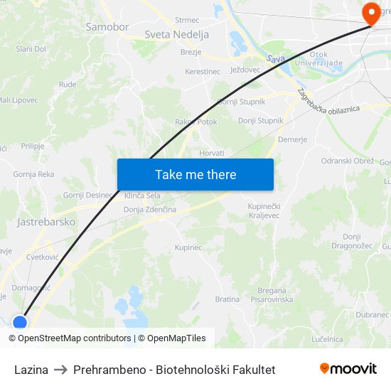 Lazina to Prehrambeno - Biotehnološki Fakultet map