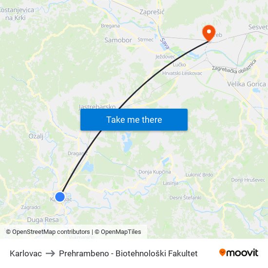 Karlovac to Prehrambeno - Biotehnološki Fakultet map
