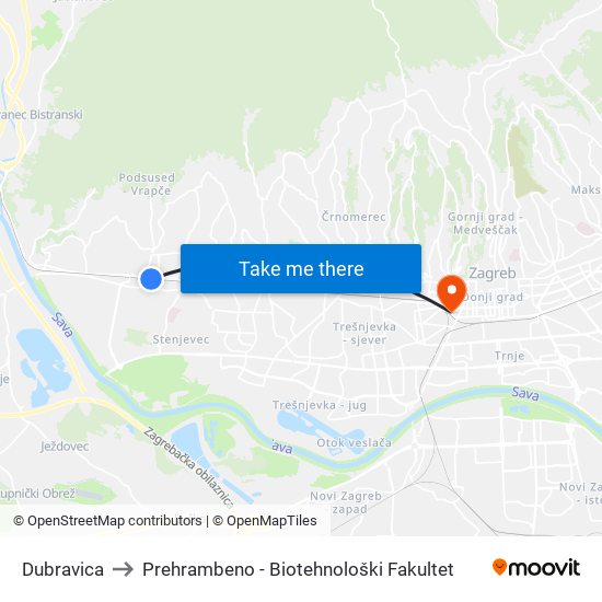 Dubravica to Prehrambeno - Biotehnološki Fakultet map