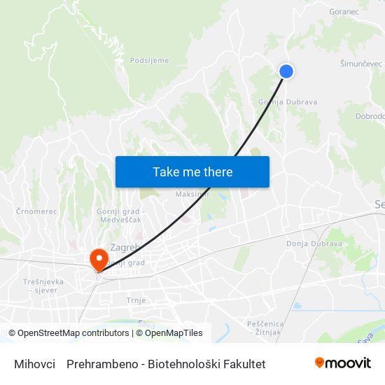 Mihovci to Prehrambeno - Biotehnološki Fakultet map