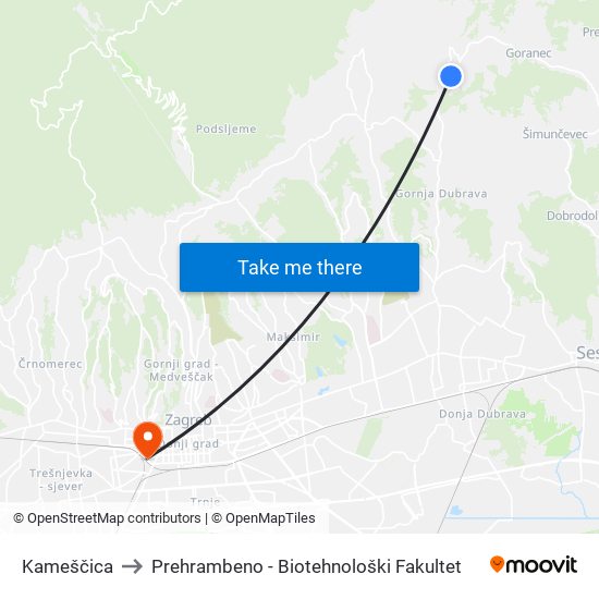 Kameščica to Prehrambeno - Biotehnološki Fakultet map