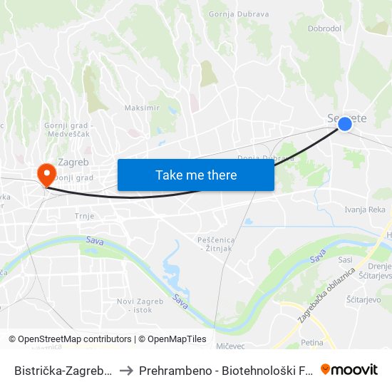 Bistrička-Zagrebačka to Prehrambeno - Biotehnološki Fakultet map