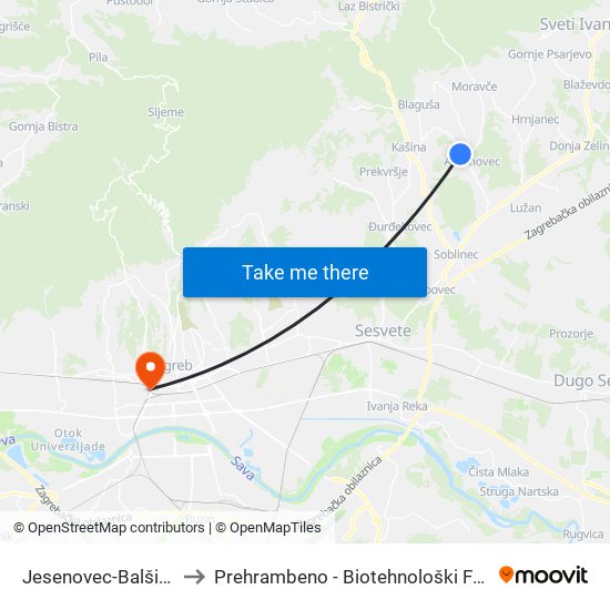 Jesenovec-Balšićeva to Prehrambeno - Biotehnološki Fakultet map