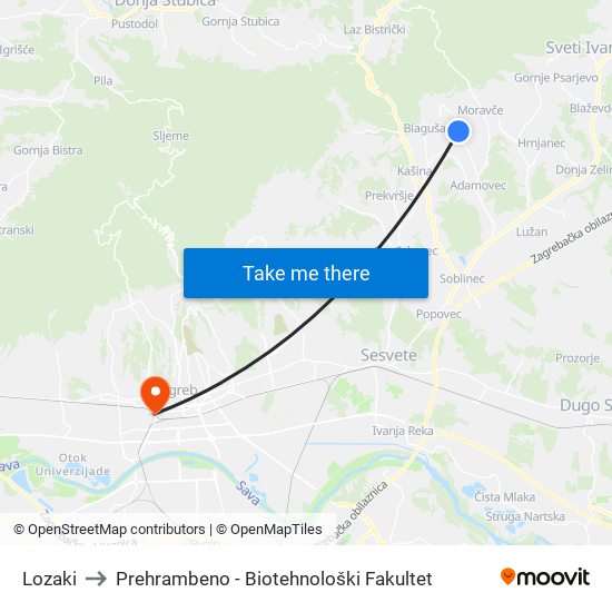 Lozaki to Prehrambeno - Biotehnološki Fakultet map