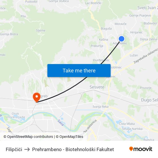 Filipčići to Prehrambeno - Biotehnološki Fakultet map