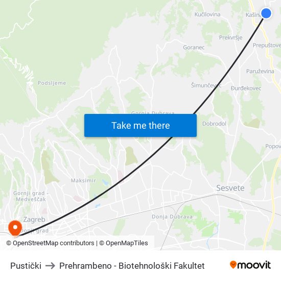 Pustički to Prehrambeno - Biotehnološki Fakultet map