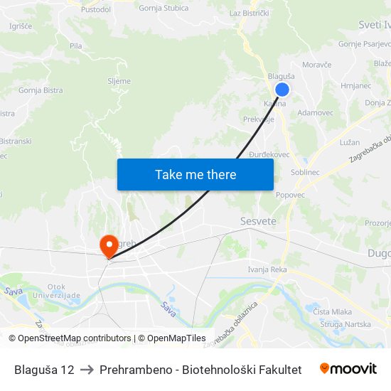 Blaguša 12 to Prehrambeno - Biotehnološki Fakultet map