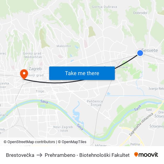 Brestovečka to Prehrambeno - Biotehnološki Fakultet map